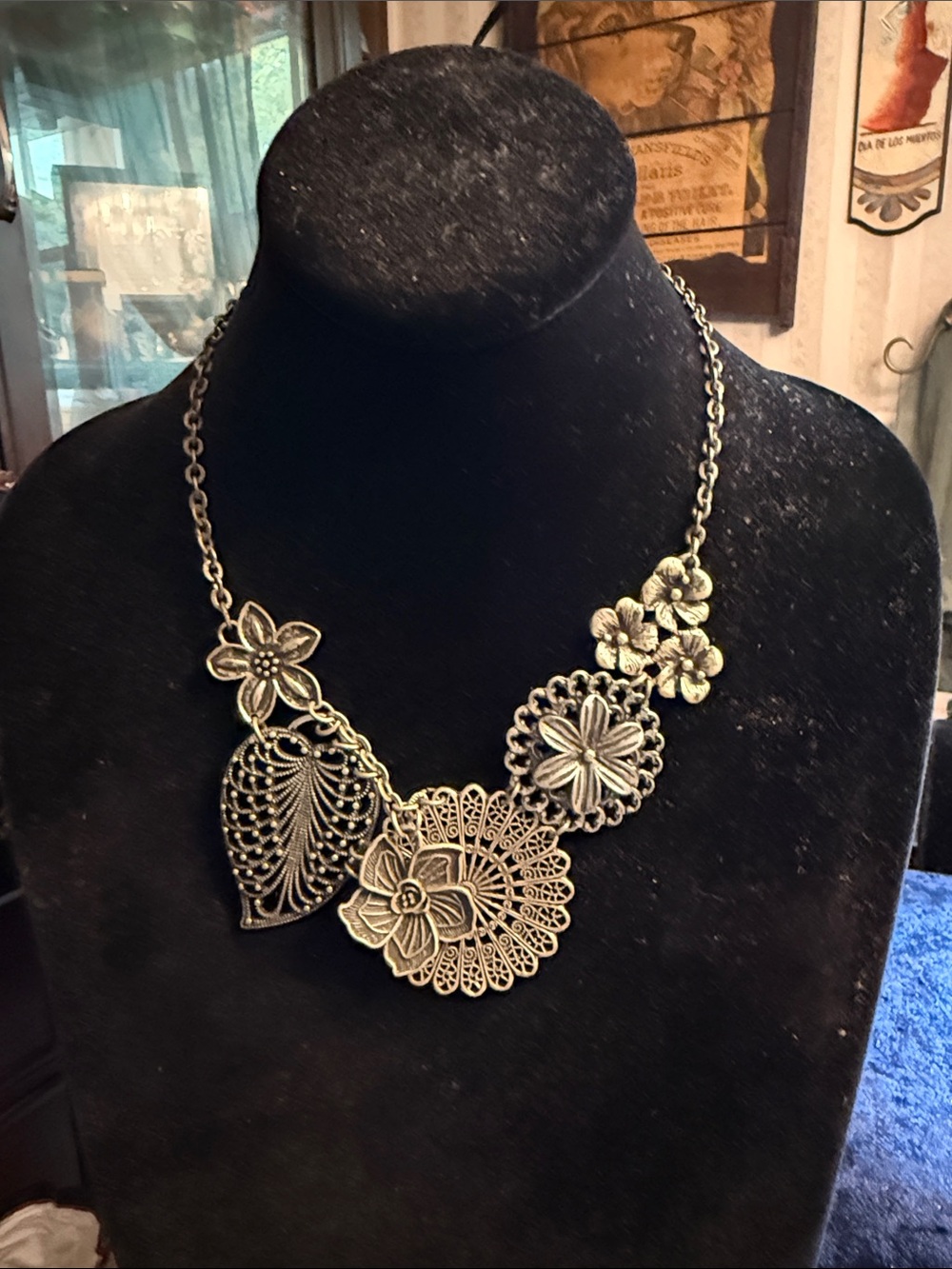 Premier, designs darkened, pewter tone, botanical garden station necklace